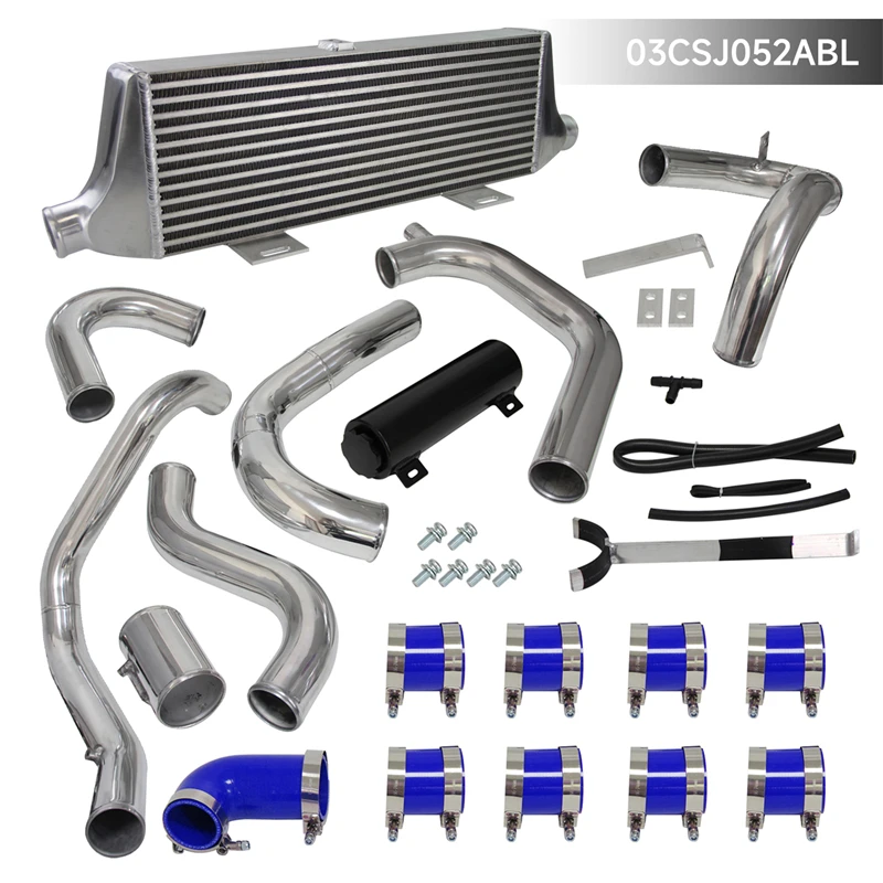 Polished Aluminum Front Intercooler with Pipe Kit & Overflow Tank Fits for Subaru Impreza WRX STI 2002-2007 EJ20 EJ25