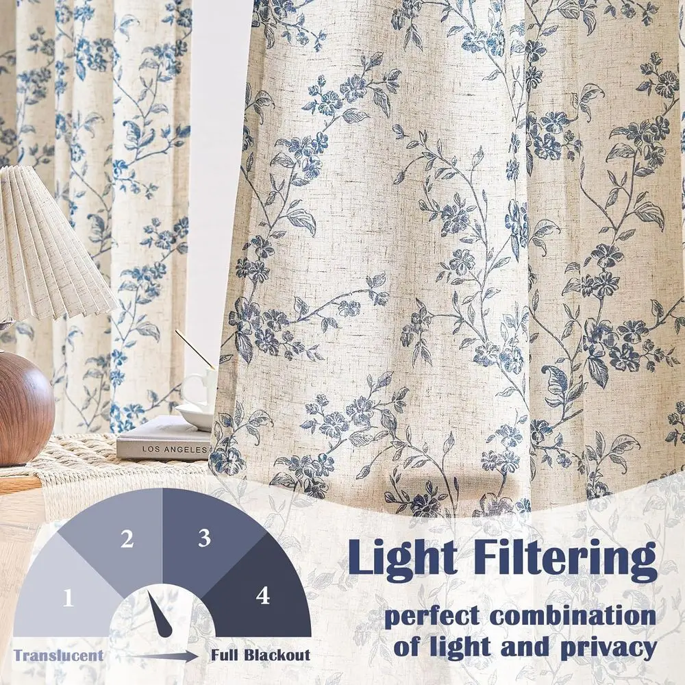 Tende in lino floreale blu per soggiorno e camera da letto, lunghezza 90, filtraggio della luce, set da 2 pannelli con tasca per asta e linguette posteriori