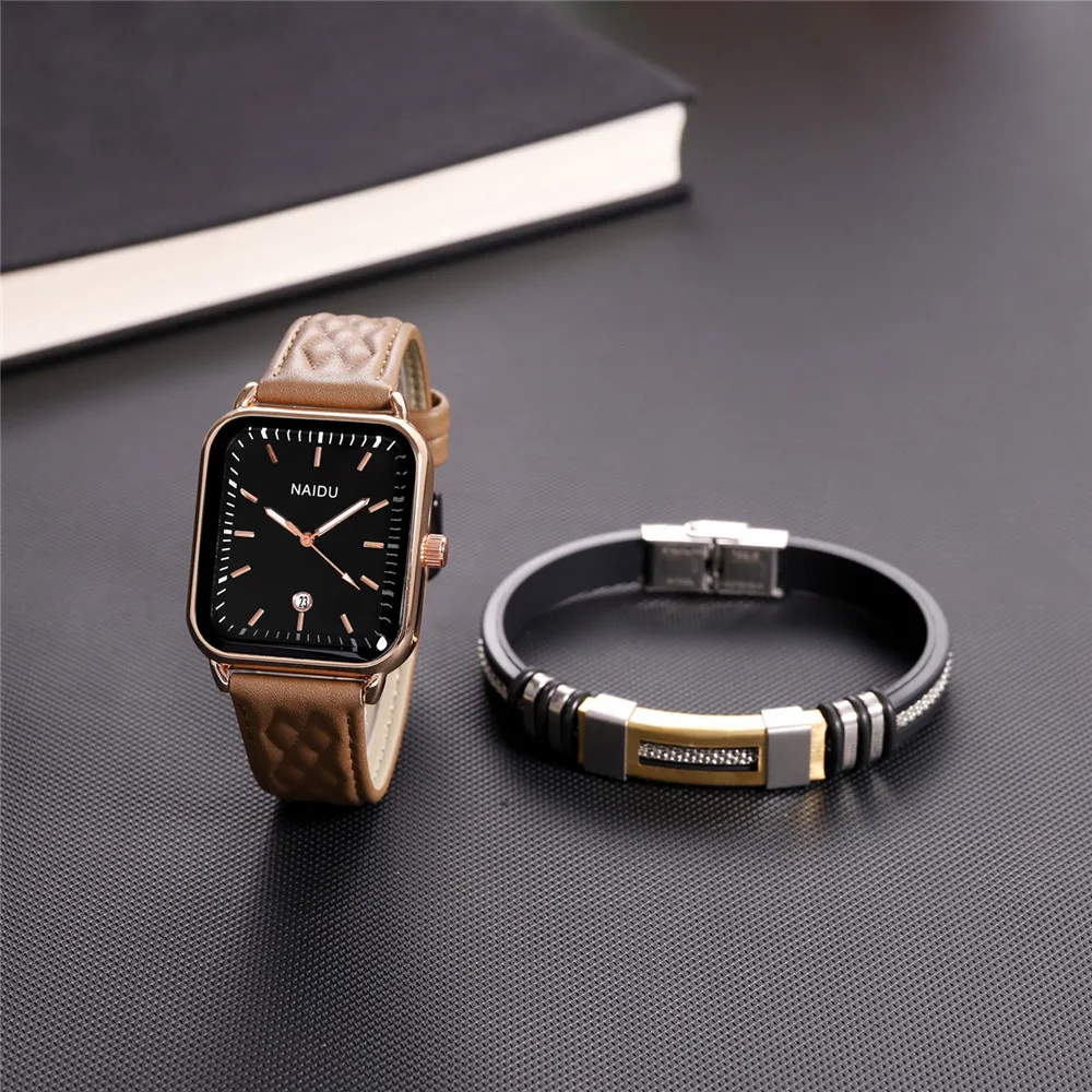 2pcs/set high quality calendar rectangle men leather business watch