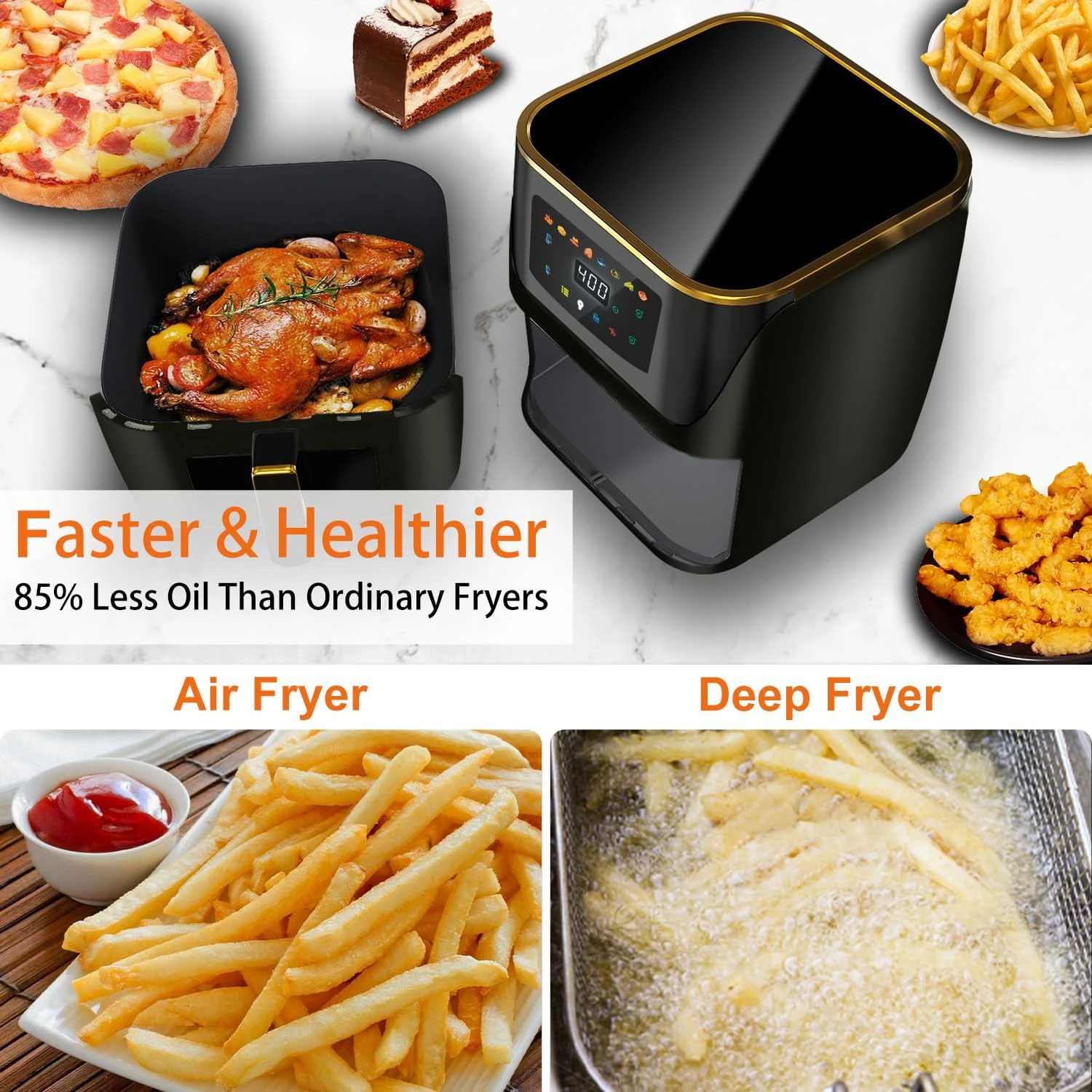 หม้อทอด Air fryer ขนาดครอบครัวใหญ่8.5Qt หน้าจอสัมผัสดิจิตอล8-in-1หน้าต่างดูง่ายอากาศทอดเร็ว1750W ถึง400 ℉ อัตโนมัติ