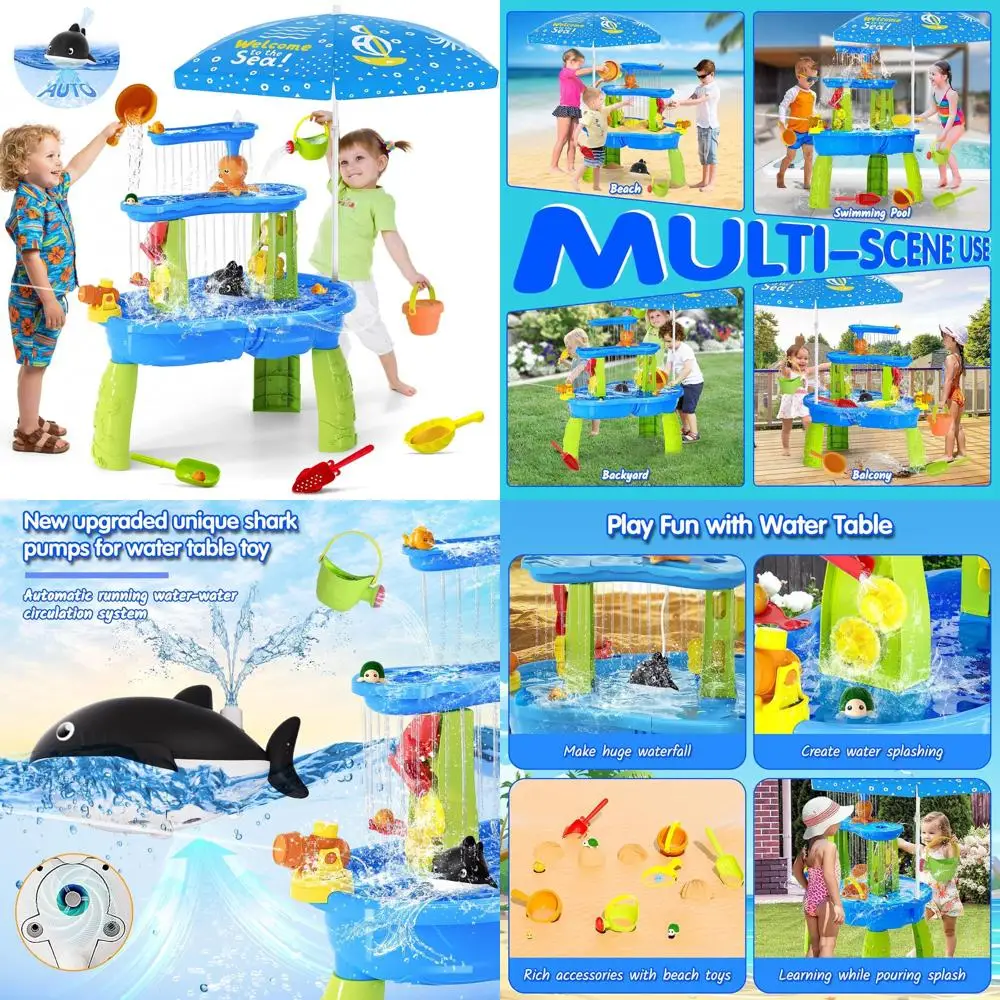 

Children's 3-Tier Outdoor Water Play Table with Umbrella, Electric Pump, Ideal for Ages 3-8, Summer Beach Toys for Boys and Girl