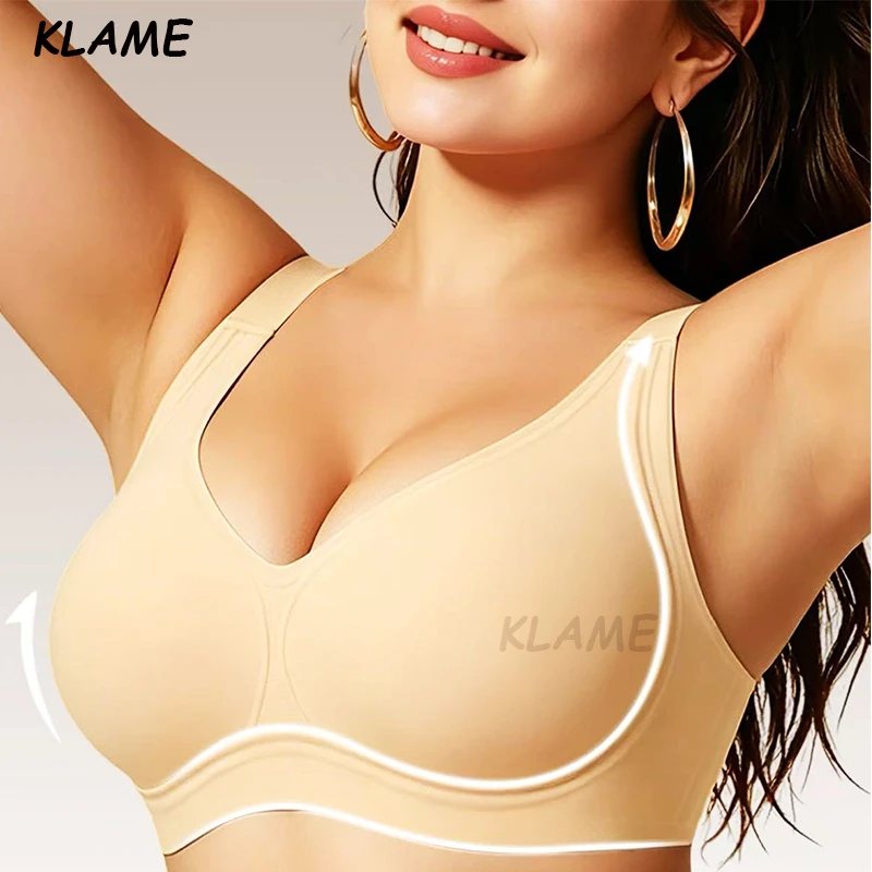 KLAME S-3XL Plus Size Women's No Steel Ring Soft Support Full Cup Push-up Adjustable Breathable Seamless Jelly Bra KLM1723