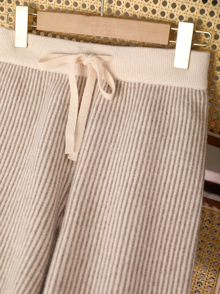 100% Merino Wool Knitted Trousers Striped  Women Wide Leg Pants  Autumn Winter Casual Style Thick Warm Cashmere Pant