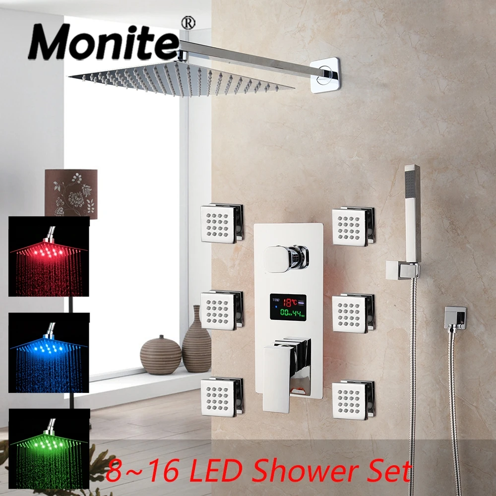 MONITE 8~16 Inch LED Bathroom Shower Faucet Set  Digital Display Shower Systerm Square Chrome Shower Head W/ Back Showerhead