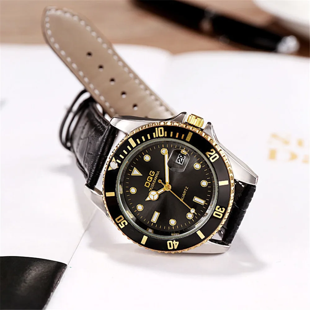 Fashion Black Gold Calendar Large Dial Men\'s Quartz Watches 2023 Hot Sale Business Leather Male Clock Wristwatches