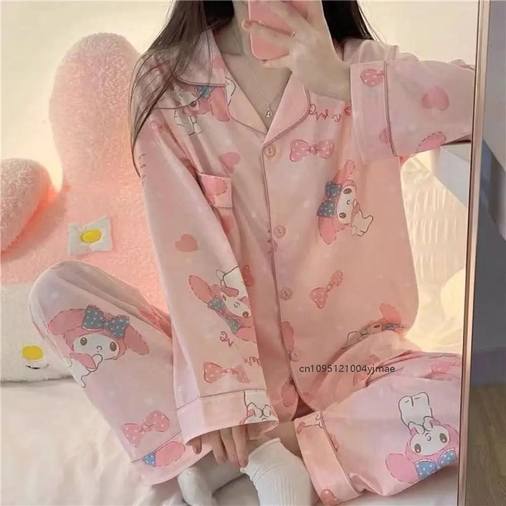 2Pcs Anime Sanrio Melody Woman Pajamas Set Hello Kitty Kuromi Kawaii Cartoon Loose Sleepwear Pajamas Girl Long Sleeves Home Wear