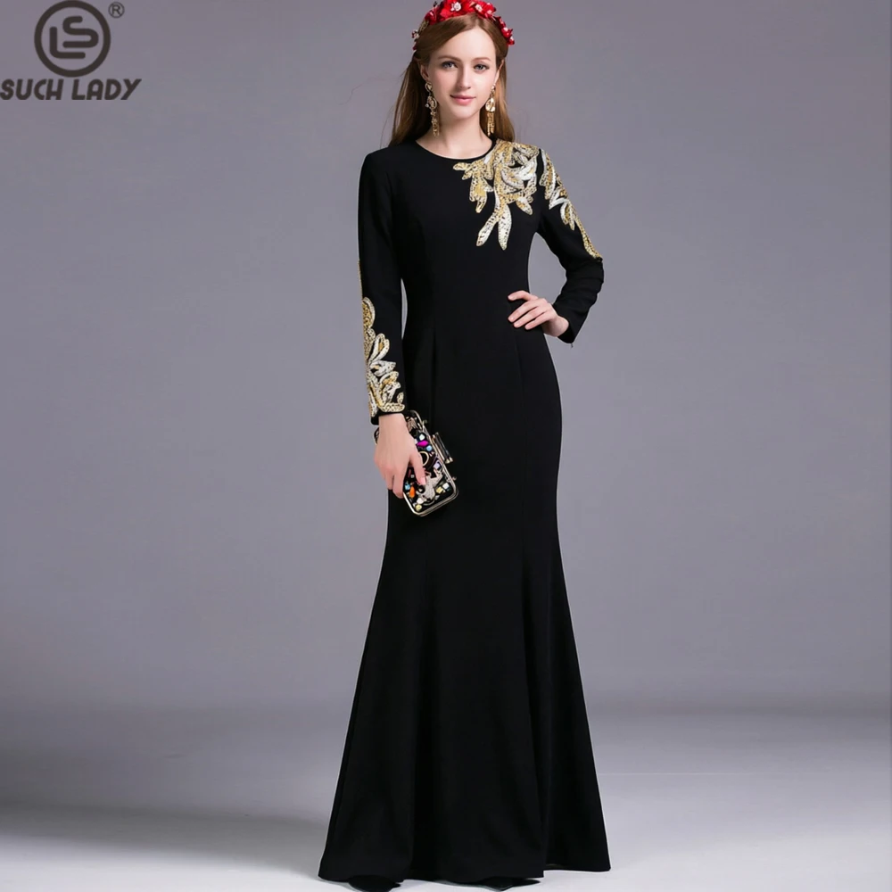 Sequin Crystal Beaded Maxi Evening Gown, Elegant Long Sleeve Formal Dress with Gold Silver Embellished Floral Detail