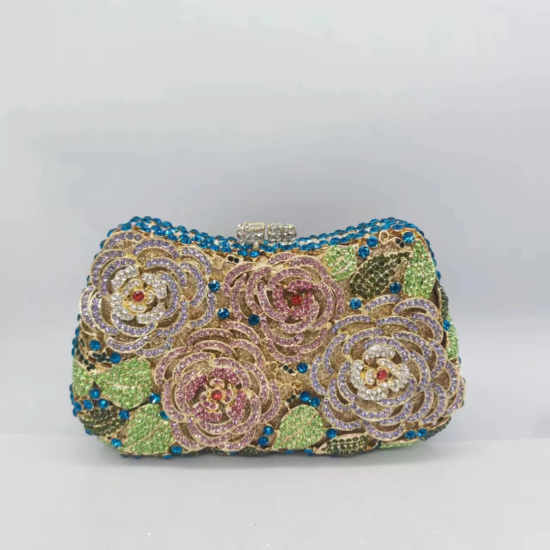 

Rose Diamond Dinner Hollow Metal Hard Box Diamond Hand Banquet Women Bag Handtaschen Luxus Rhinestone Purse Luxury Designer Bags