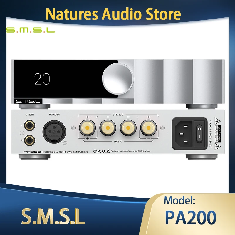 SMSL PA200 Desktop HIFI Gallium Nitride Power Amplifier 160WX2 output power Speaker Power Amplifier