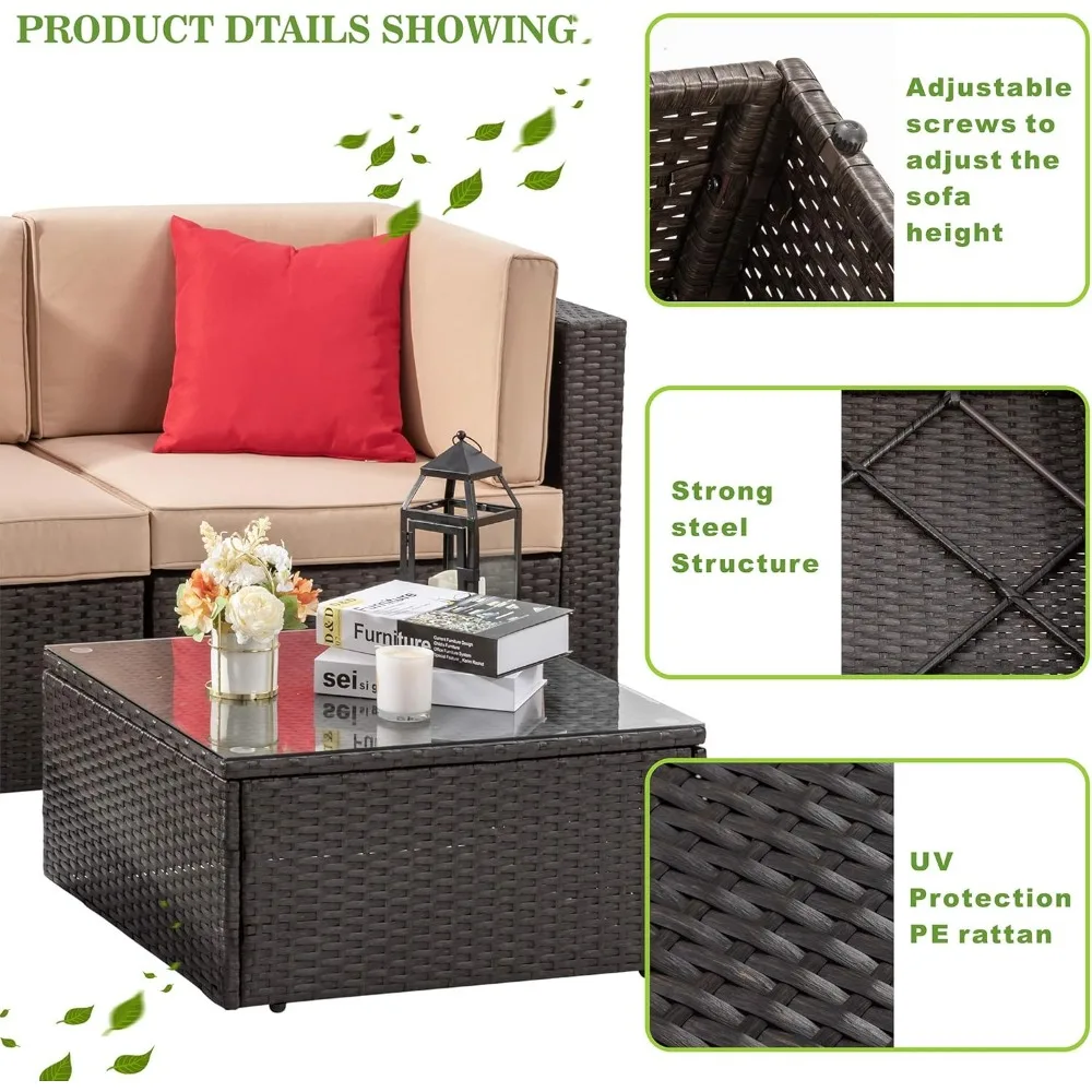 Piece Patio Furniture Sets, All-Weather Brown PE Wicker Outdoor Couch Sectional Set, Small Conversation Set for Garden