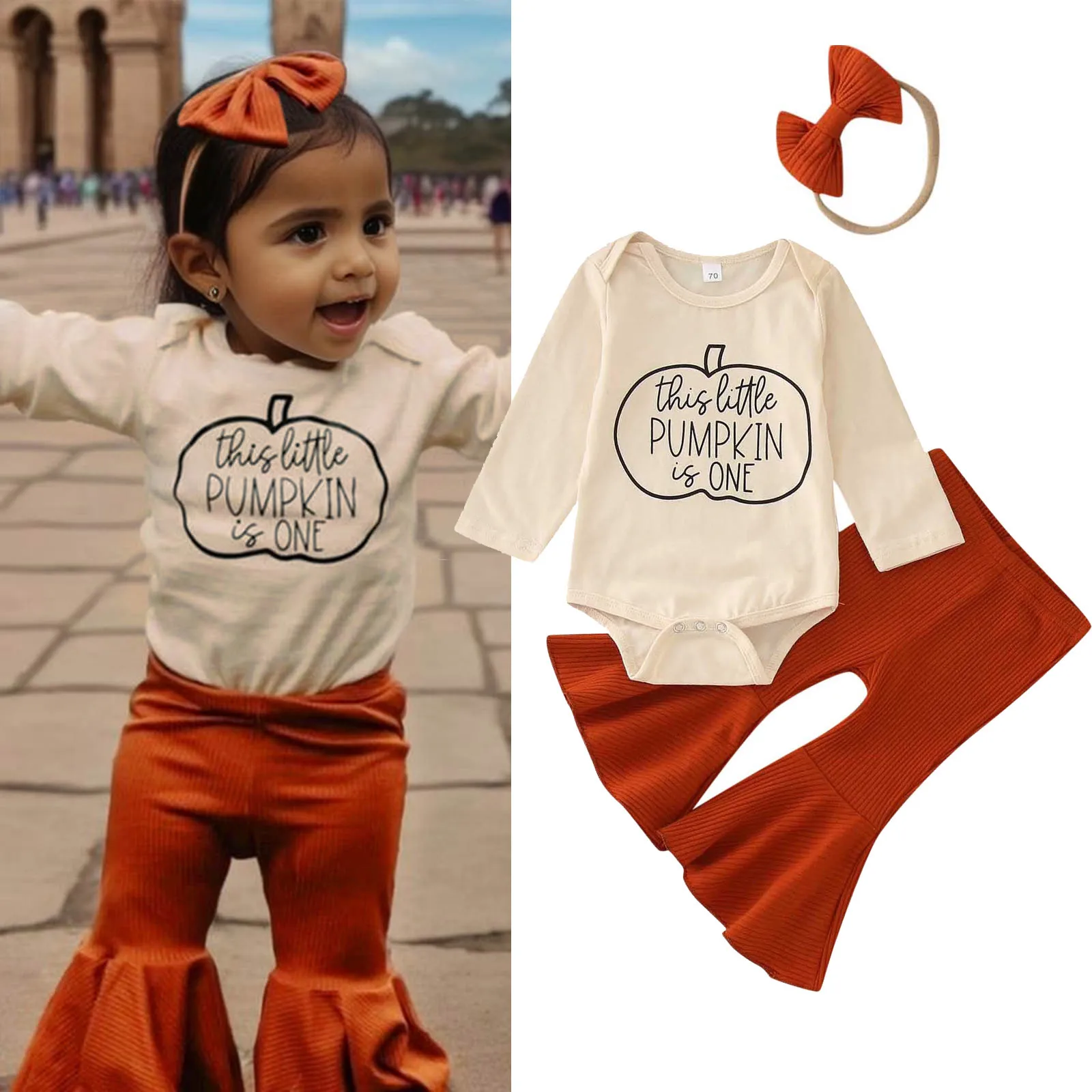 

Baby Girl Clothes Autumn Infant Girls Long Sleeve Pumpkin Letter Prints Romper Bodysuit Bell Bottoms Pants Infant Sleepers