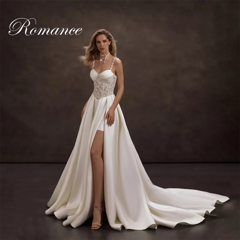 

Modern Appliques Lace Pleat A-Line Wedding Dress Split Backless Sleeveles Spaghetti Straps Tulle Vestidos De Novia Customized