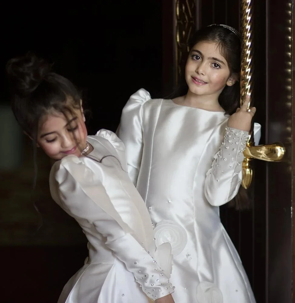 Modest Satin Flower Girl Dresses For Wedding Children Birthday Party Gowns Formal Dress Baby Clothes Floral Gowns - view 2