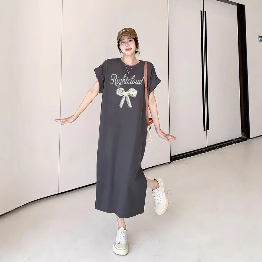 한국 스타일 반팔 프린트 드레스 미디 길이 사이드 슬릿 패션 플러스 사이즈 여성 의류 맥시 드레스 티셔츠 롱 드레스