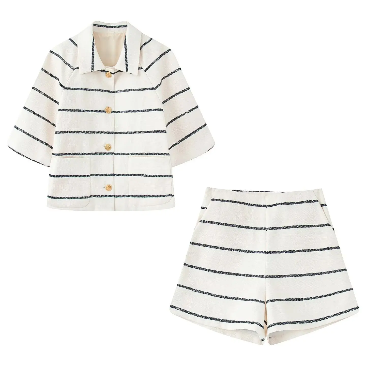 

Casual Knitted Striped Shirts Set Women Single-breasted Lapel Half Sleeves Tops Loose High Waist Short 2025 Summer New Lady Suit