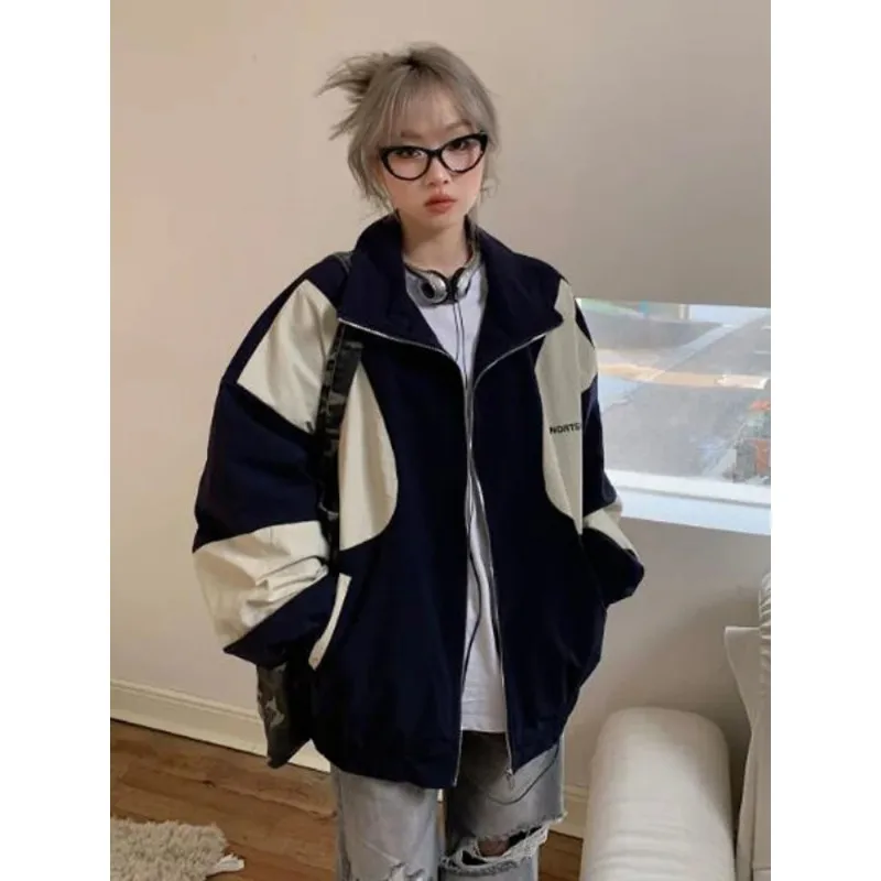 Deeptown Vintage Bomber Jackets Women Korean Streetwear Color Block Patchwork Oversized Varsity Jacket College Spring Hippie Zip