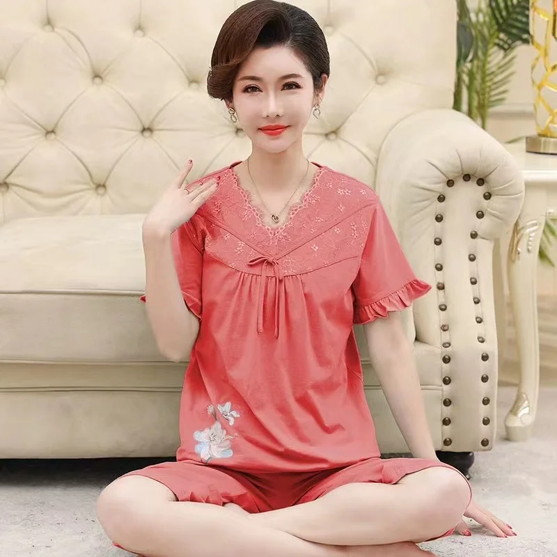 Fdfklak New Cotton Pajamas Ladies Summer Middle-aged Dlderly Short-sleeved T-shirt Cropped Pants 4XL Big Size Home Service Suit