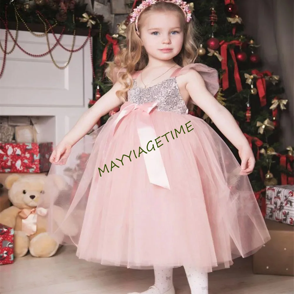 

Cute Pink Tulle Sleeveless Flower Girl Dresses Puffy Bow Birthday Party Ball Gown Prince Pageant Holy Communion Dresses Banquet