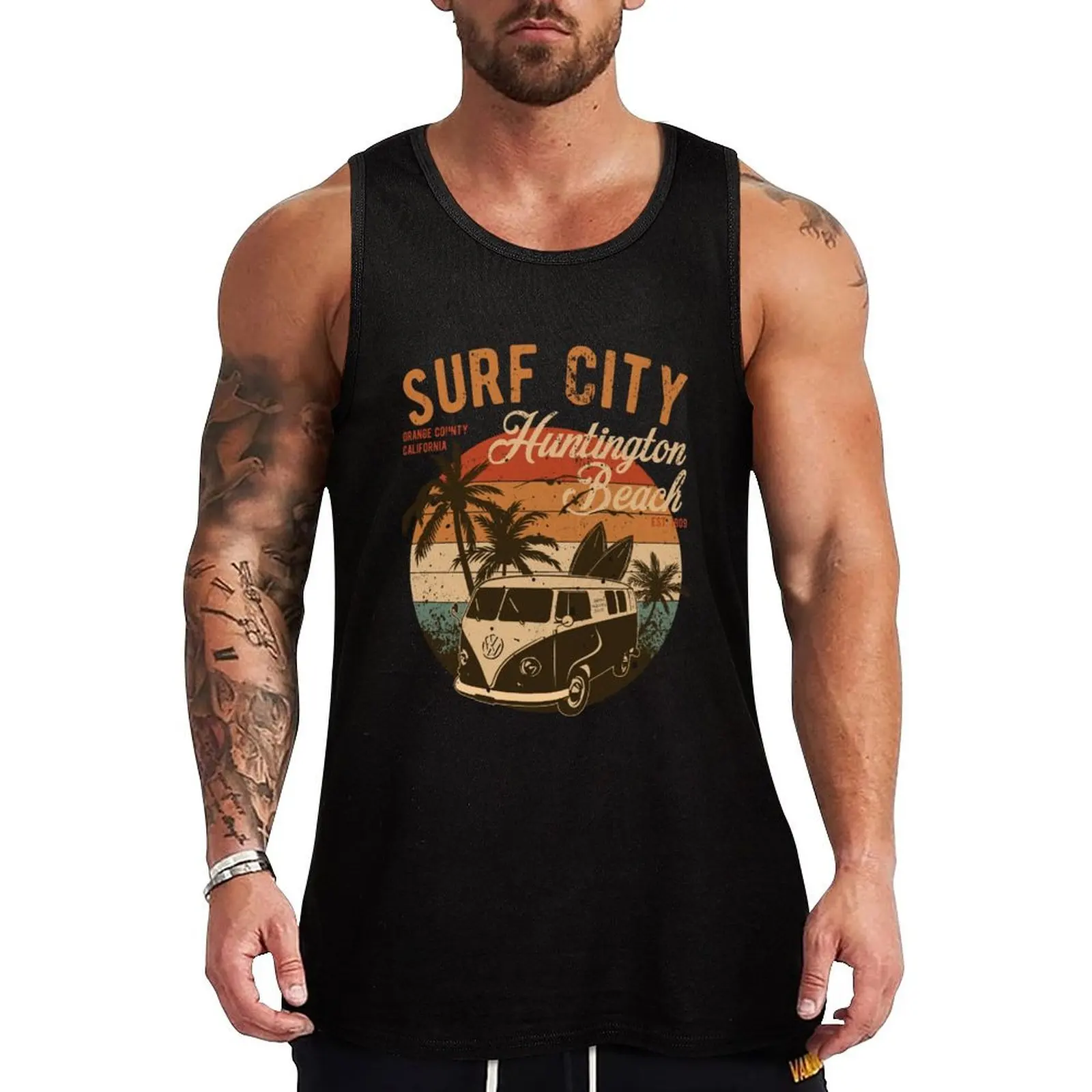 

Vintage Surf City Huntington Beach Orange County California 2 Sided Distressed Surf Badge Tank Top gym clothes for man Gym wear
