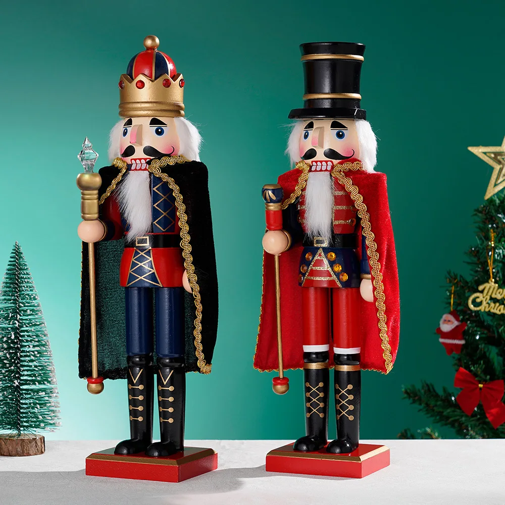 38CM Nutcracker Soldier Puppet Wooden Nutcracker Statues Cloak King Handicraft Doll Toy Christmas New Year Gift Home Decoration