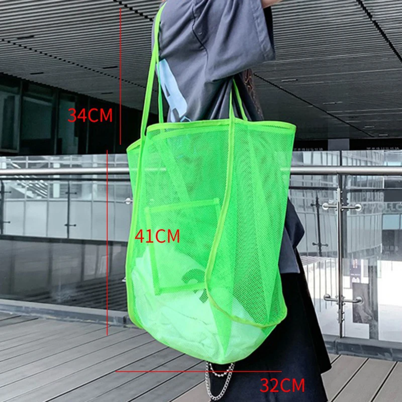 Transparent Colorful Mesh Beach Shopper Bag For Women Girls Extra Large Capacity Travel Shoulder Bags Simple Fashion Organizer