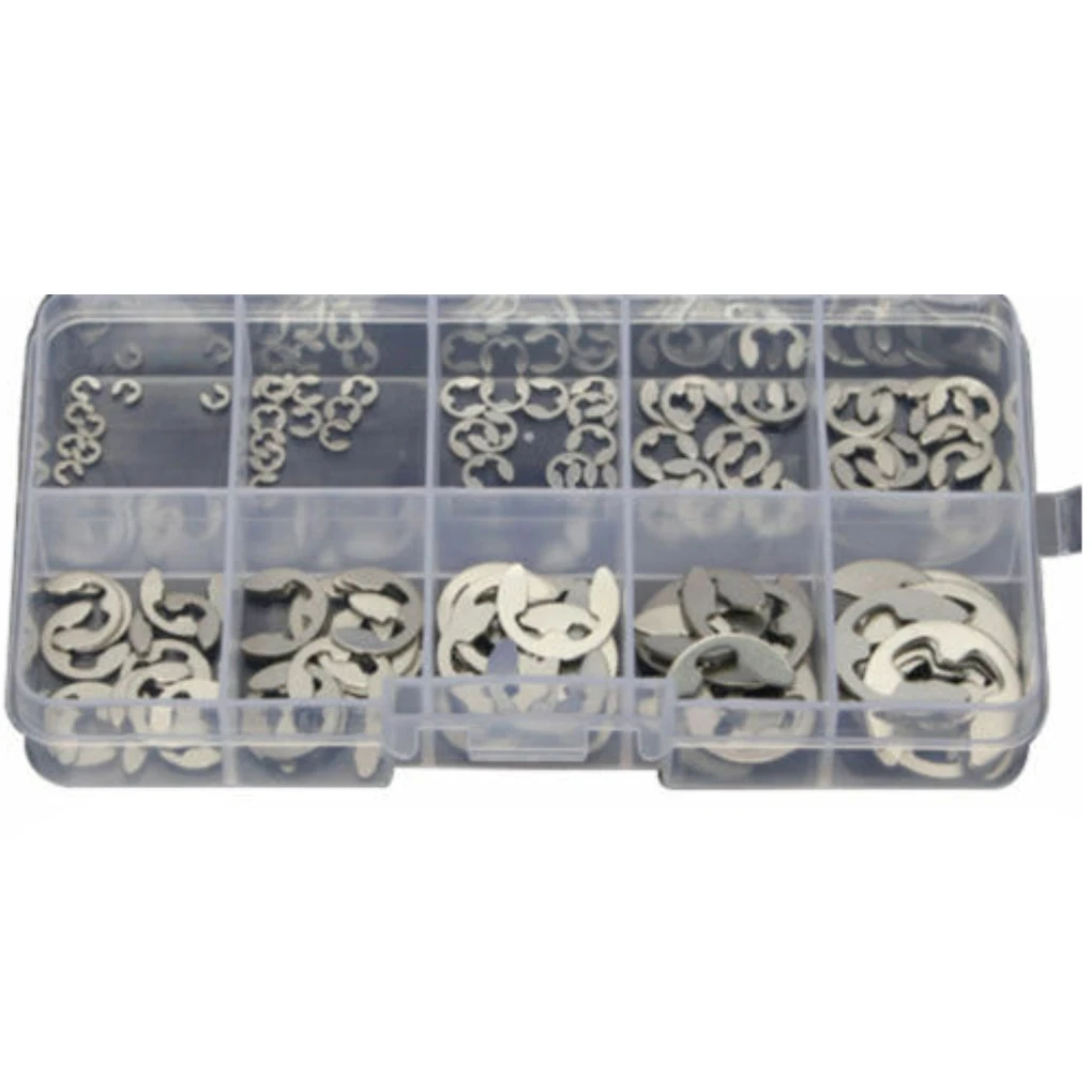 120pcs/set M1.5-M10 Circlips 304 Stainless Steel E-clips Kit 1.5mm to 10mm Clips Plastic Storage Box