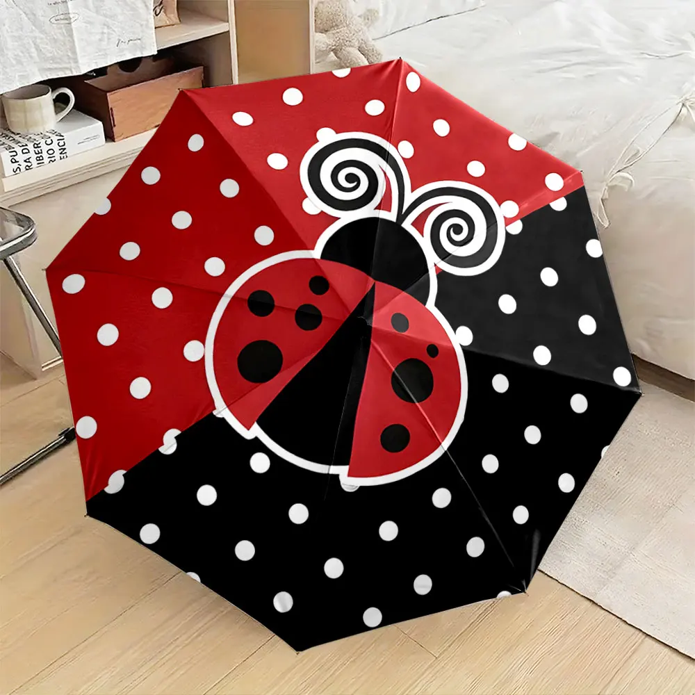 1PC Ladybug-Themed Polka Dot Umbrella Design Print 8 Iron Ribs Folding Umbrella Auto-Open Fashion Sunshade
