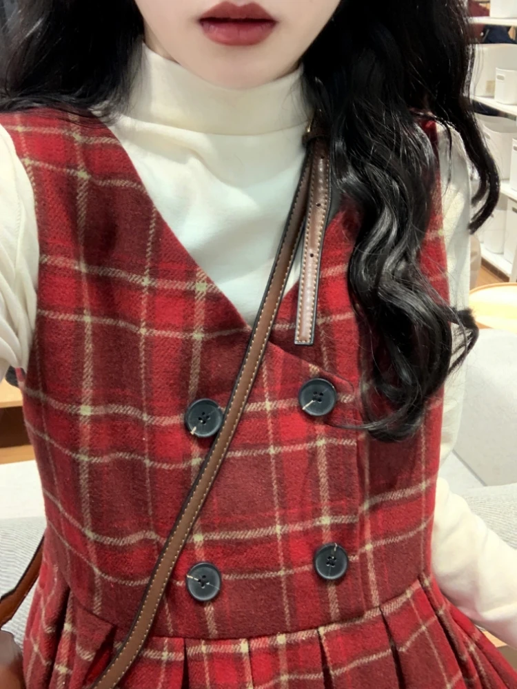 Midi Long Tank Dresses Women Spring Autumn Plaid Dress Korean Vintage Double-Breasted High Waist Woolen Dresses School Girl Jupe