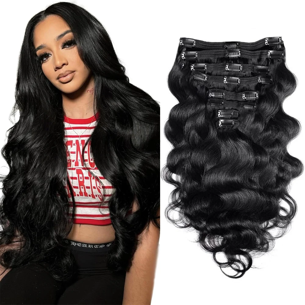 Extensions de cheveux brésiliens Body Wave à clipser pour femmes, 100% vrais cheveux humains, tête complète, cheveux Remy noirs naturels