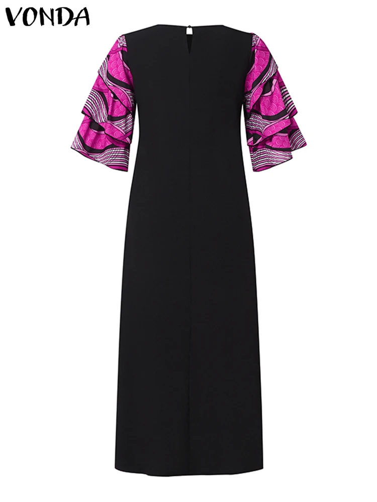 VONDA-Vestido largo con estampado Floral para mujer, traje con cuello redondo y manga acampanada en capas, estilo africano europeo y negro, otoño