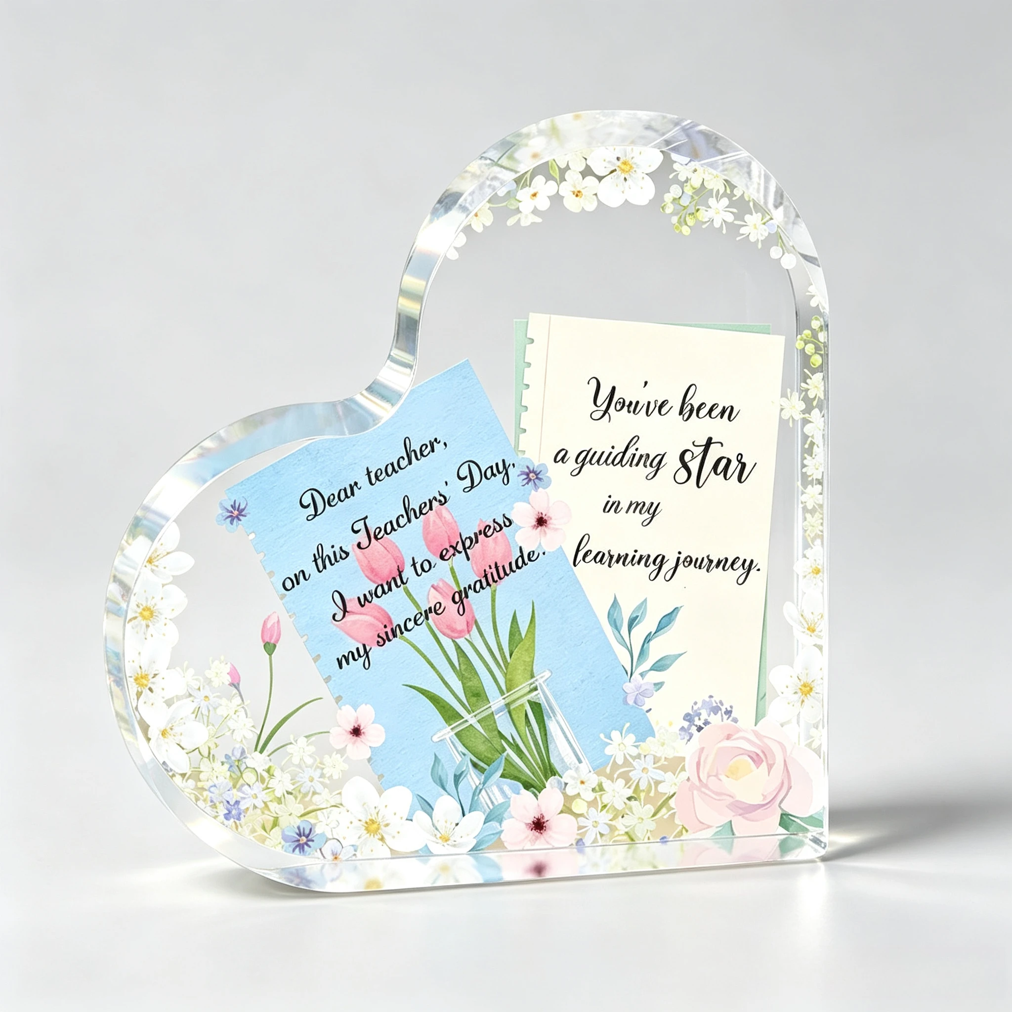 Heart‑Shaped Acrylic Plaque Dear Teacher Thank You Floral Letter Desktop Ornament Teacher Appreciation Day Home Desk Decor Gift for Teacher