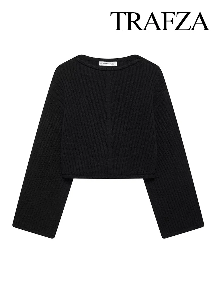 TRAFZA Women New Fashion Round Collar Long Sleeve Solid Knitted Pullover Sweater Autumn Female Elegant Ribbed Short Sweater