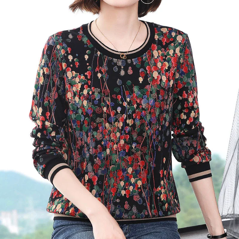 Fashion All-match Printing Long Sleeve T-shirt for Female 2023 Spring Autumn Women\'s Loose Temperament O-Neck Diamonds Tops