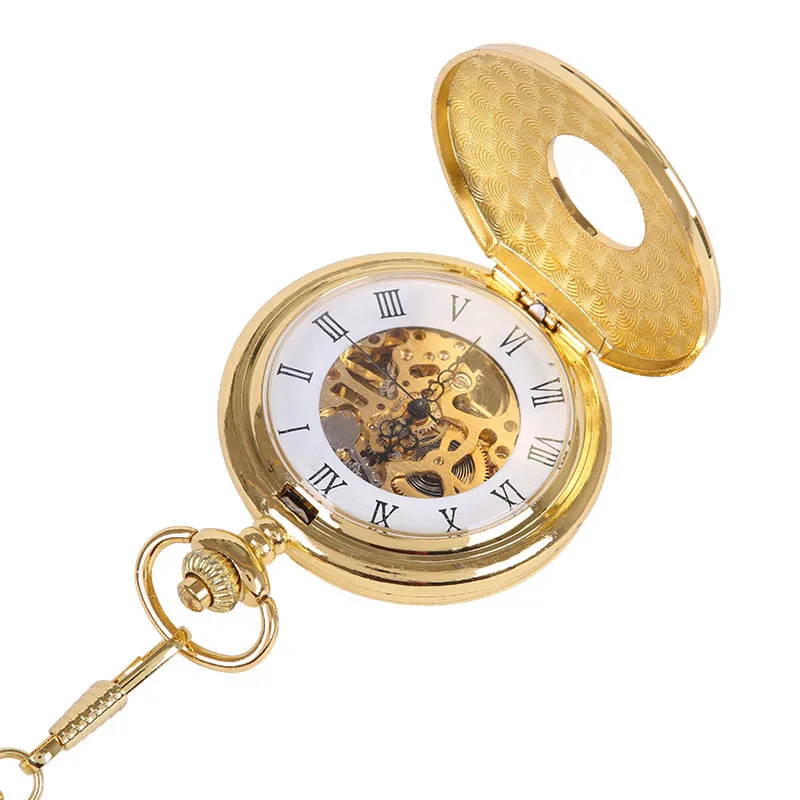 Orologio da tasca meccanico in oro di lusso per uomo donna Hollow Vintage Skeleton Case numeri romani Steampunk Fob Chain Pendant Clock