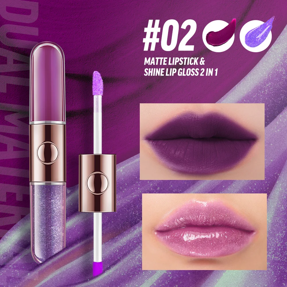 2 In 1 Dual-Head Fluwelen Matte Lippenstift Shinny Lipgloss Hoge Pigment Langdurige Zijdeachtige Lichtgewicht Vloeibare Lip tint Cosmetica