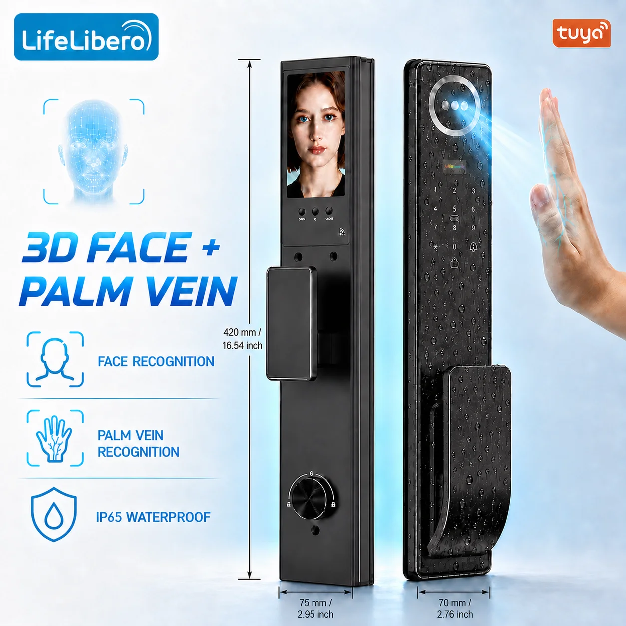 Smart Door Lock 3D Face Palm Vein - 3D顔認識、手のひら静脈認証、スマートドアロック、IP65防水、生体認証指紋カメラ、Tuya WiFi対応、完全自動。