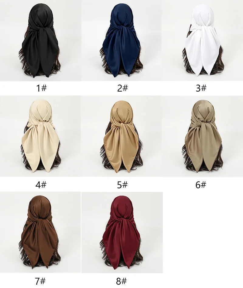 Plain Silk 90 Square Scarf Satin Headband For Muslim Woman Printed Hijabs Wraps Fashion Headscarf Casual Turban Female Bandbana