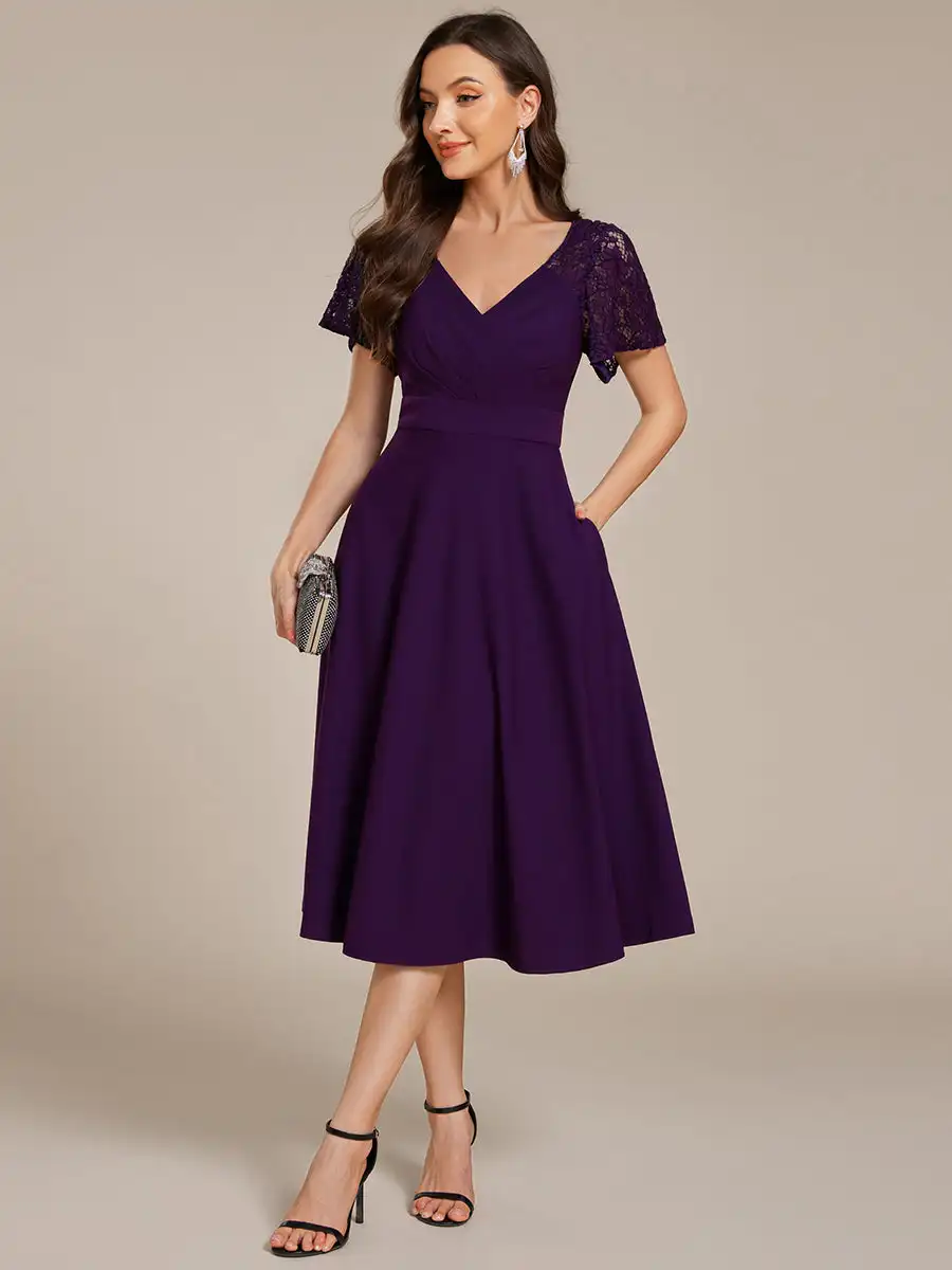 

Elegant Evening Dresses Short Sleeve Ruffle Sweetheart 2025 Ever Pretty of A-Line Dark Purple High Stretch Wedding Guest Dress