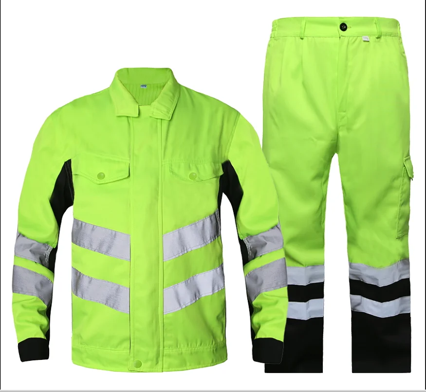 Anti-Static ช่างไฟฟ้า Work เสื้อผ้าก่อสร้างทำงาน Coveralls ผู้ชายเรืองแสงสีเขียวสะท้อนแสง Strip Hi Vis