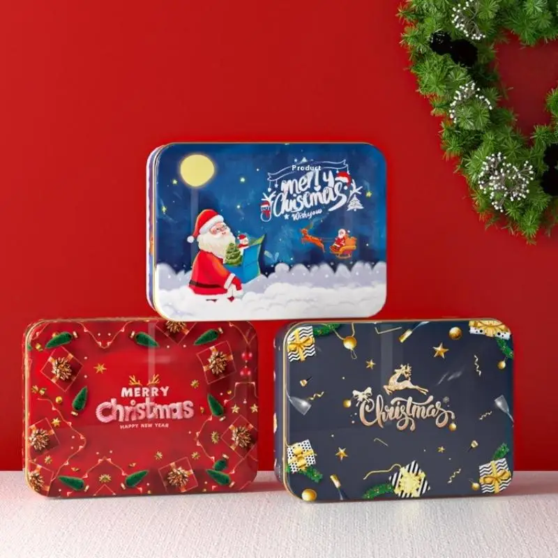 عيد الميلاد صفيح كاندي القصدير يمكن صندوق معدني الكرتون الأيائل سانتا كلوز رسالة مطبوعة عيد الميلاد الحلوى كوكي الشاي تخزين هدية القضية #3