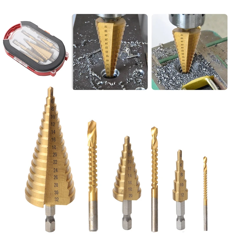 

6pcs Set Of HSS Hex Shank Grooved Serrated Diamond High-Speed Steel Pagoda Step Drill Saw Spiral Boxed Step Drill Wood Tools