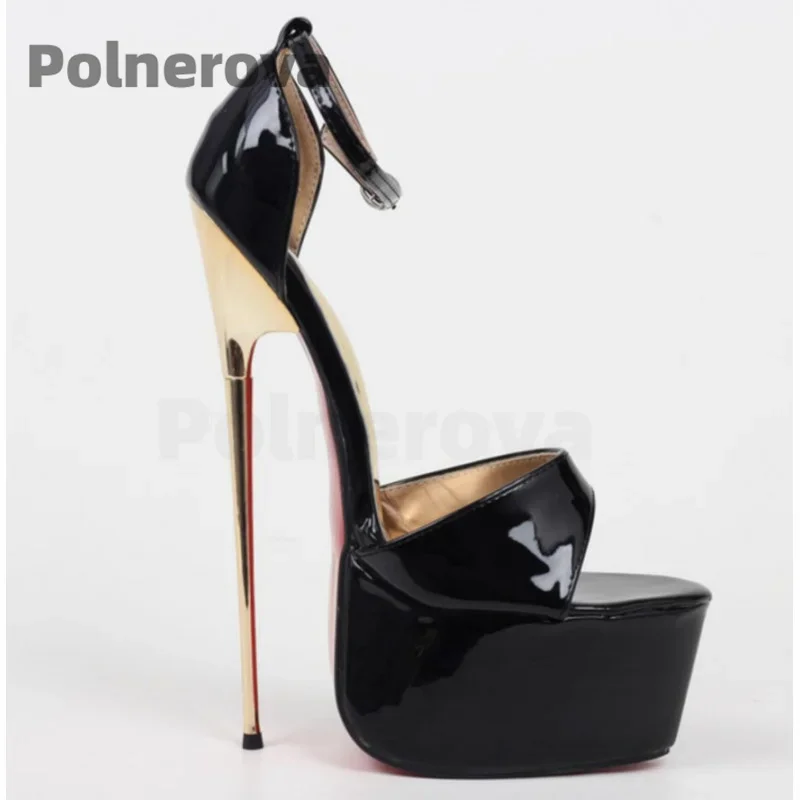 

Black Platform Patent Leather Sandals Women Metal Heels Ankle Buckle Cover Heels Fashion Women's Sexy Nightclub Show Shoes