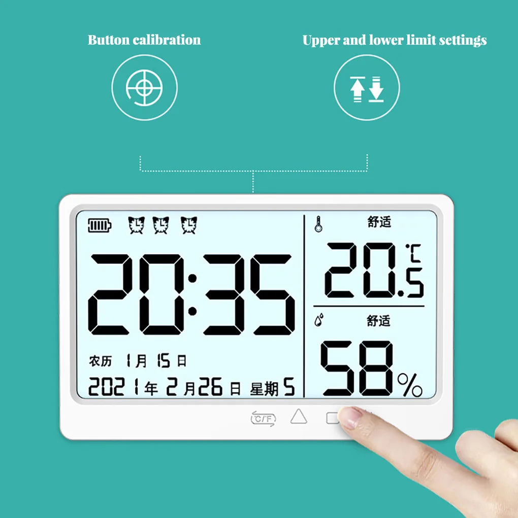 LCD Thermometer Humidity Meter Baby Nursery Gauge Clock Household