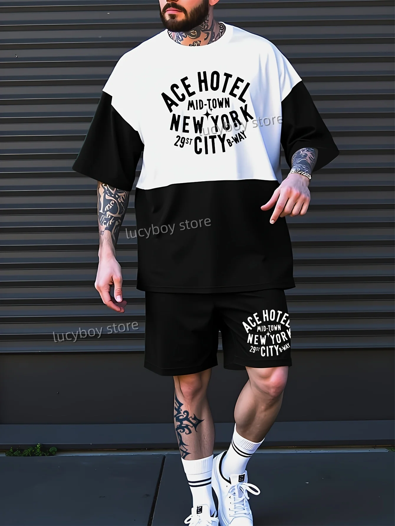 Mid-Town NewYork Printed Men Sport T-Shirt+Shorts Suit Set Male Luxury Tracksuit Outfit Summer Oversized 2 Piece Set Clothes