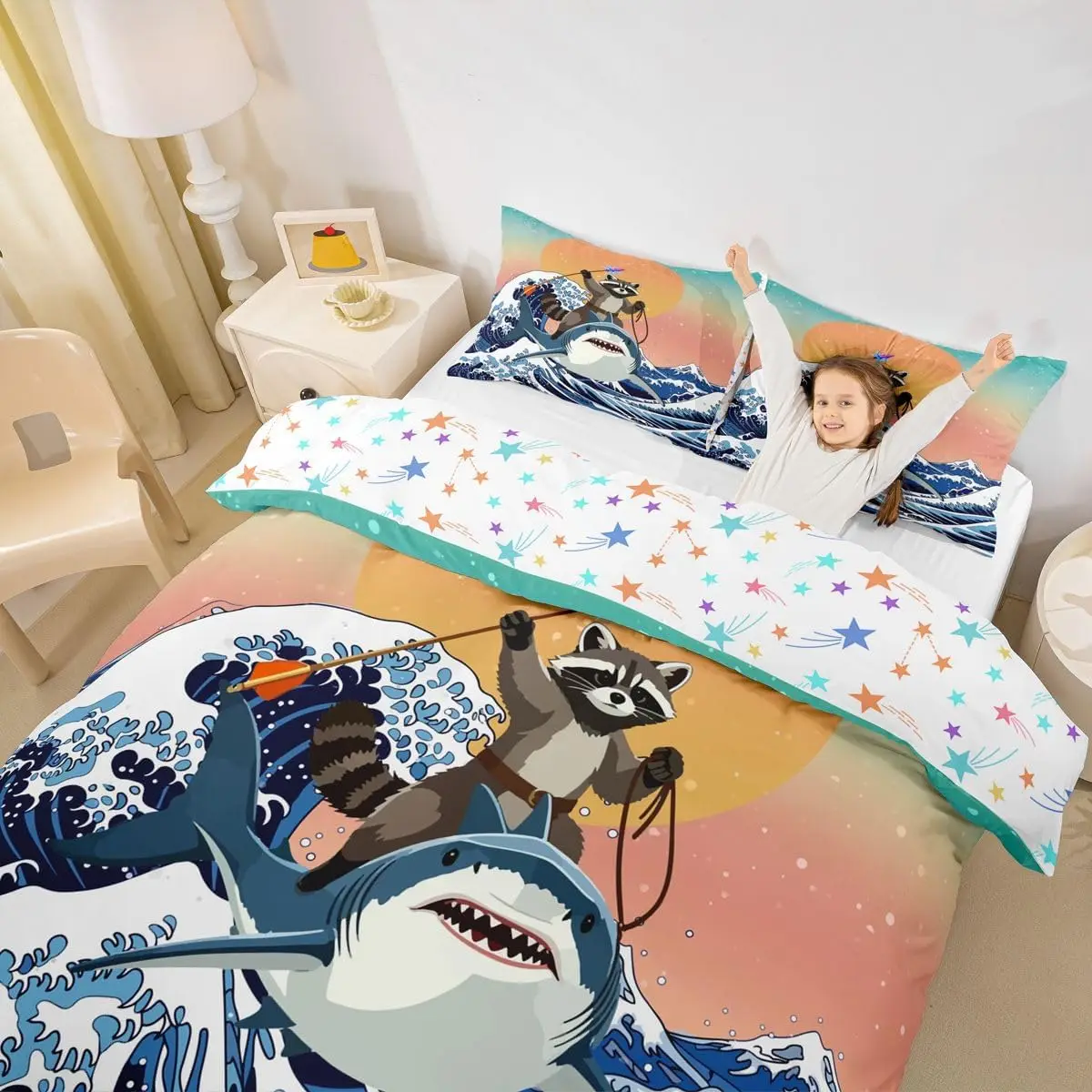 Watercolor Raccoon Cot Bed Duvet Cover Set Ukiyoe Blue Ocean Waves Bedding With 1 Pillowcase Japan Orange Sunset
