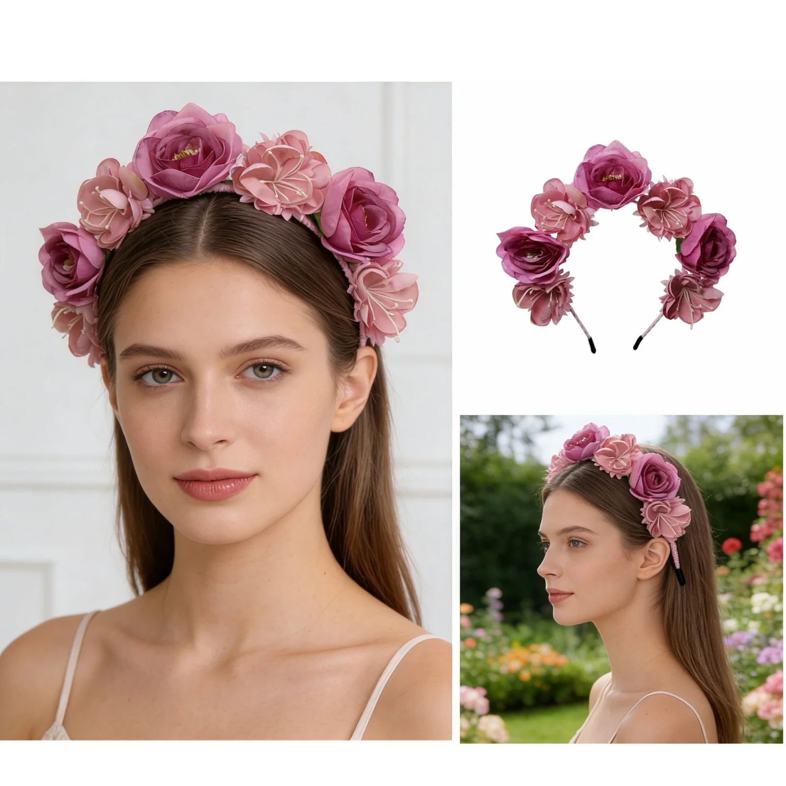 1PC Bohemian Flower Crown Headband, Dusty Rose Floral Hair Hoop For Wedding, Outdoor Garden Party, Bridal Photo Shoot Hair