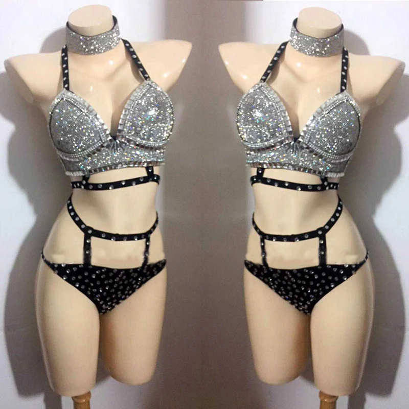 

Silver Crystals Bikini Full Diamond Sexy Bikini Women Bling Rhinestone DJ Jazz Costume Stage Performance Show Outfit XS4216