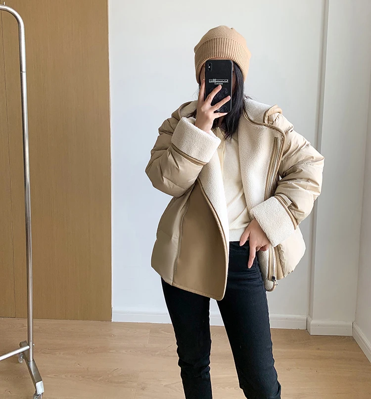 Schinteon Women Lambswool White Duck Down Jacket with Hood Autumn Winter Warm Outwear Casual Patchwork Coat European Style