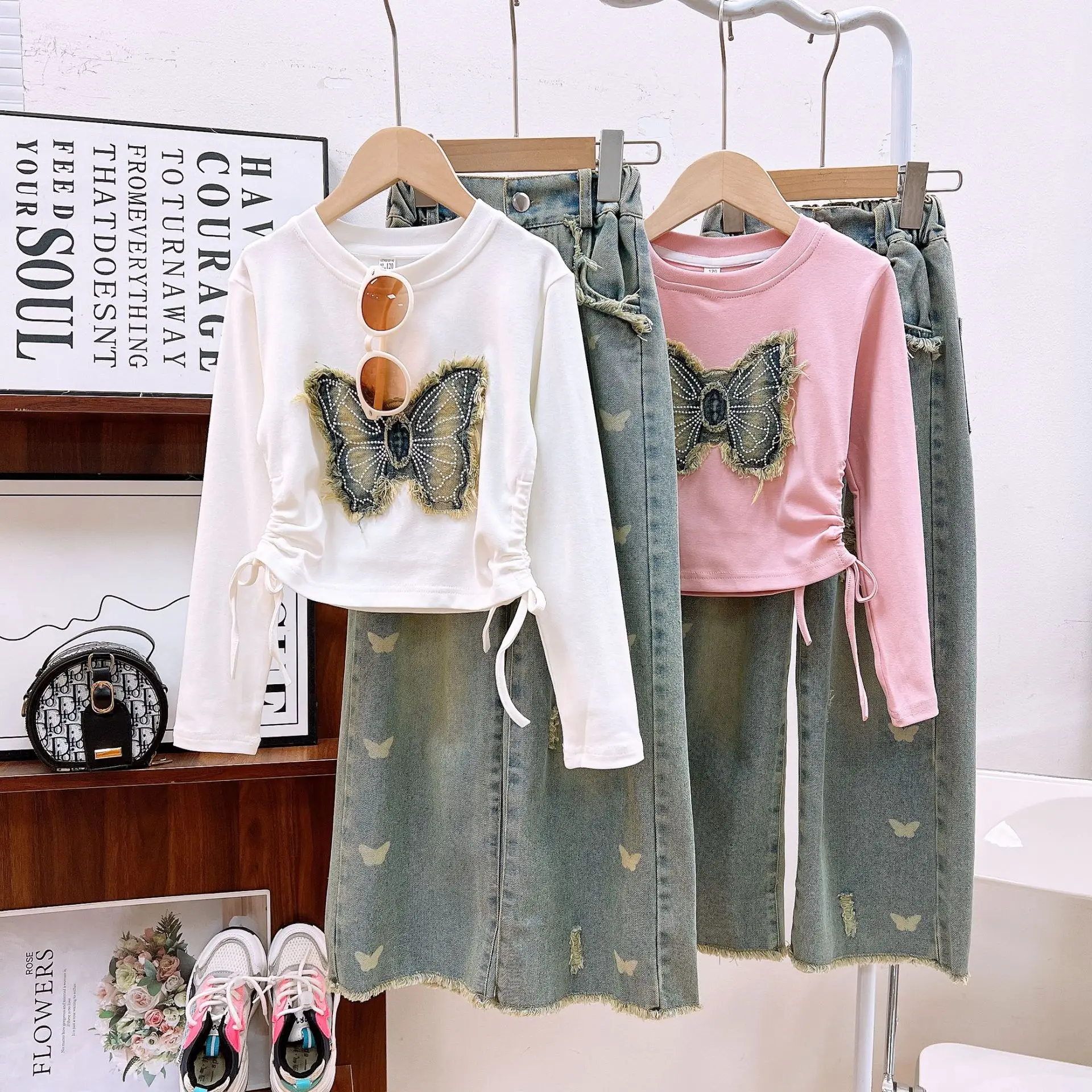 2026 Spring Autumn New Girls Set Fashion Butterfly Embroidered Top Cowboy Pants Two Piece Set Trendy