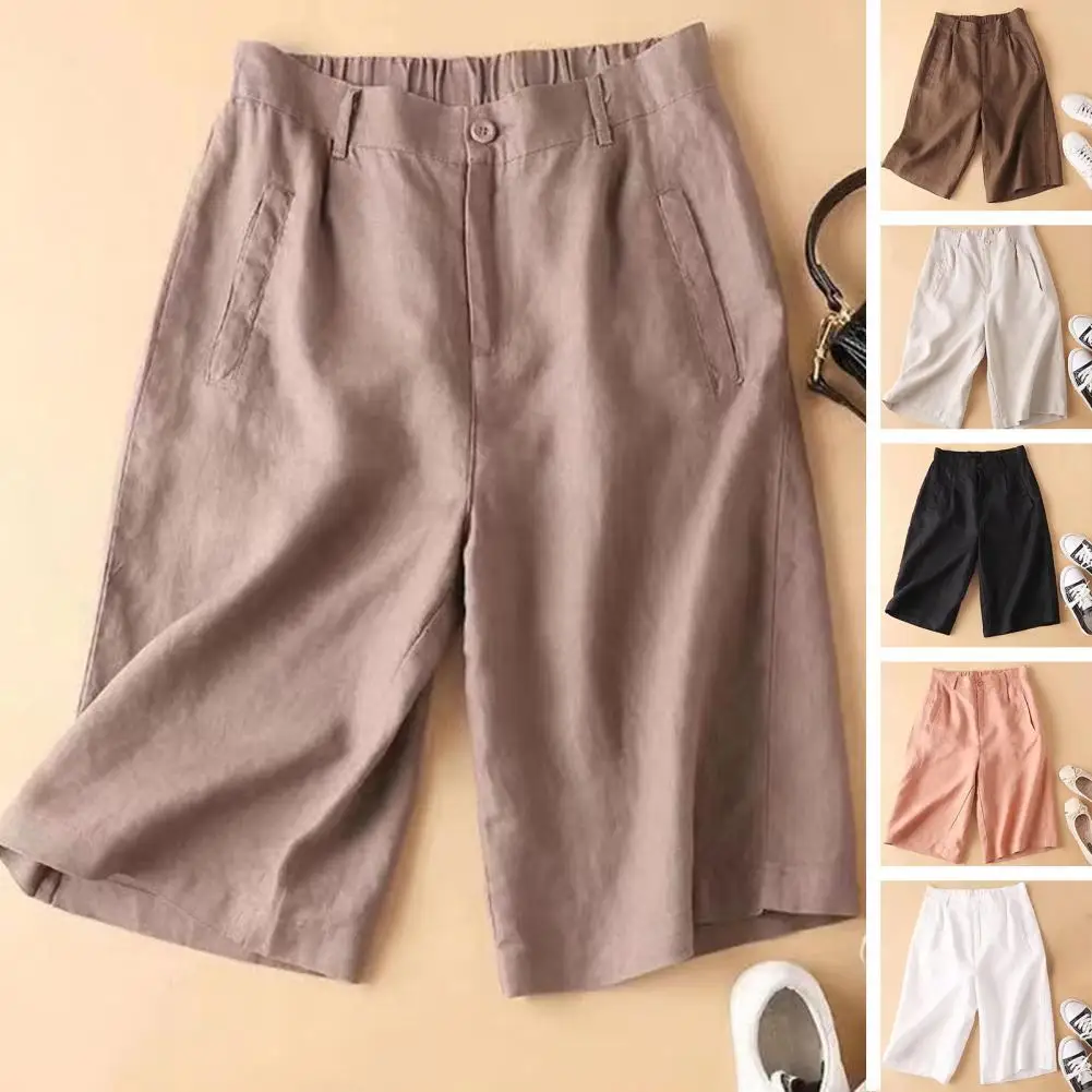 Cotton Linen Green Women's Summer Shorts High Waist Loose Casual Shorts Summer New 2023 Linen Elastic Waist Short Wide Leg Pants